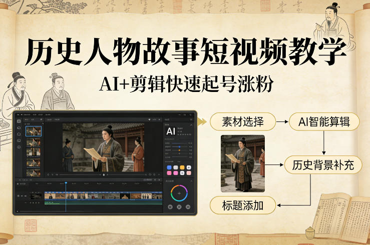 历史人物故事短视频教学，AI+剪辑制作历史人物题材短视频，快速起号涨粉-独家科技资源网
