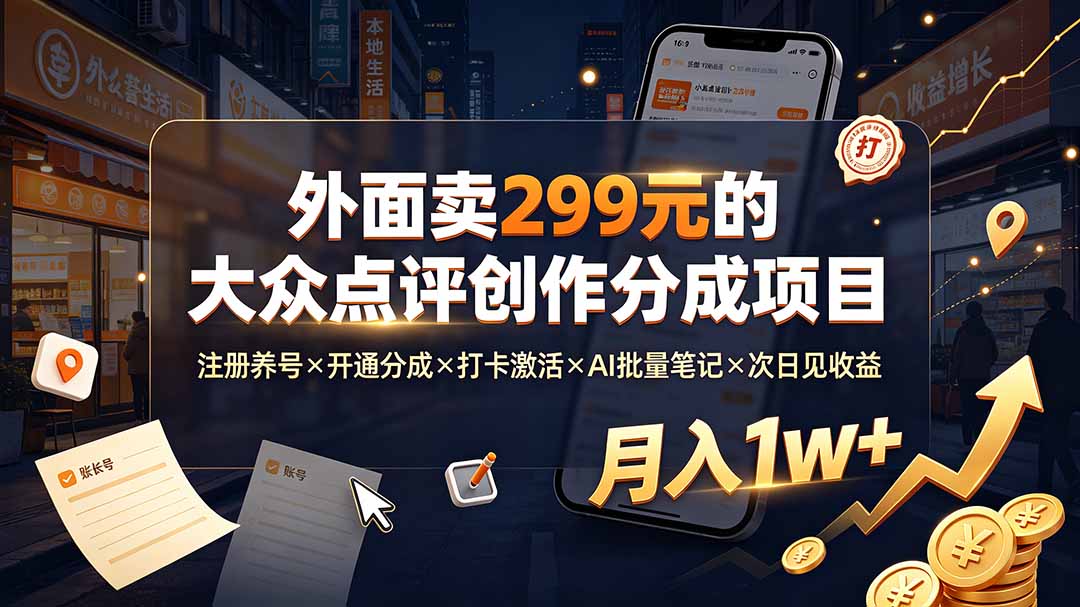 外面卖299元的大众点评创作分成项目：注册养号×开通分成×打卡激活×AI批量笔记×次日见收益，月入1w+-独家科技资源网