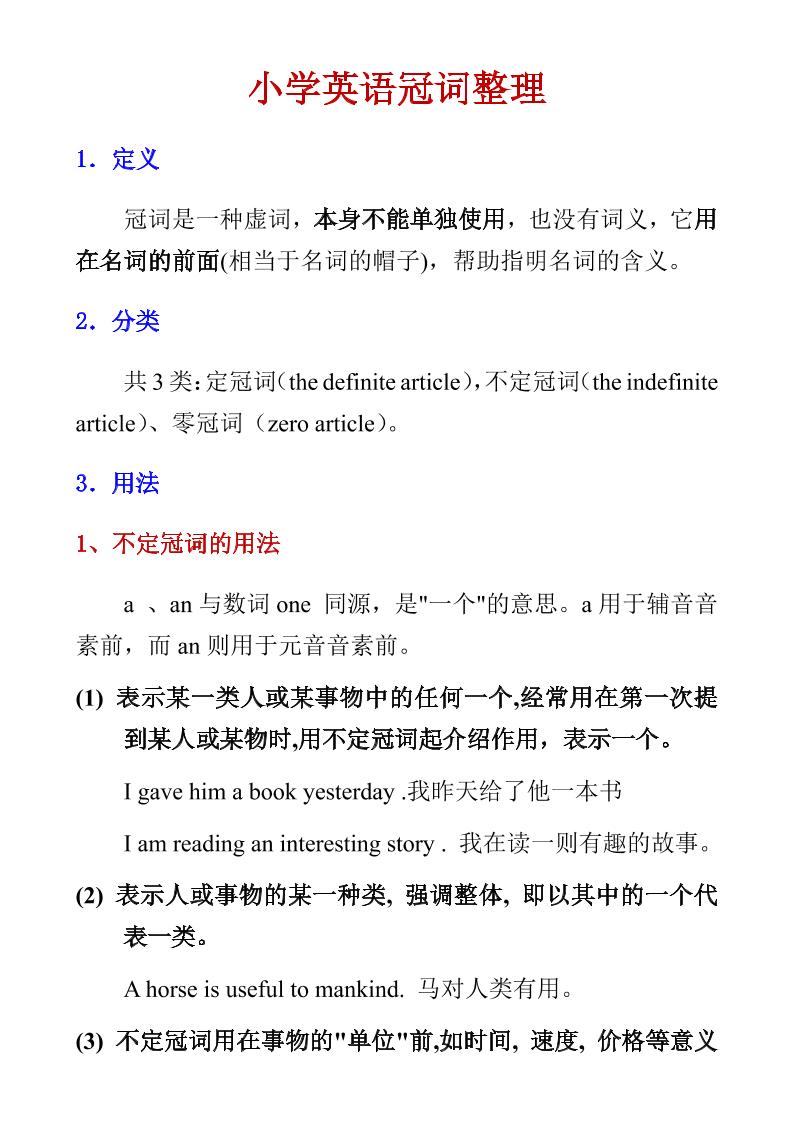 六年级下英语小学冠词整理-独家科技资源网