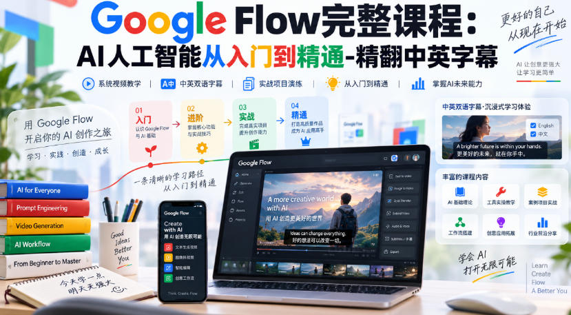 【无水印】Google Flow完整课程:AI人工智能从入门到精通-精翻中英字幕-独家科技资源网
