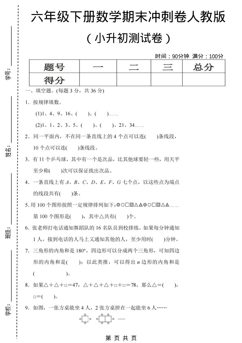 六年级下数学期末小升初冲刺卷《人教版》-独家科技资源网