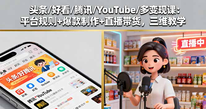 头条/好看/腾讯/YouTube/多变现课：平台规则+爆款制作+直播带货，三维教学-独家科技资源网