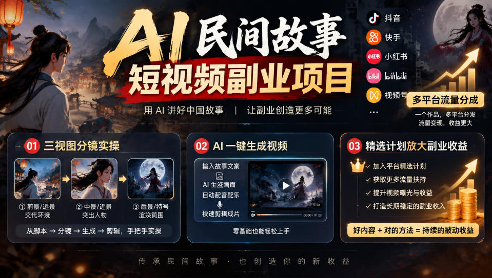 AI民间故事短视频副业项目，多平台流量分成，三视图分镜实操，精选计划放大副业收益-独家科技资源网