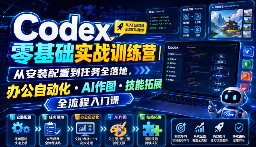 Codex零基础实战训练营｜从安装配置到任务全落地，办公自动化・AI作图・技能拓展全流程入门课-独家科技资源网