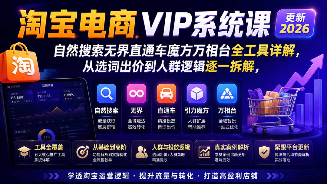 2026淘宝电商终局之战VIP课-更新:自然搜索+直通车+无界+精准人群,系统掌握测款动销与全店推广布局方法-独家科技资源网