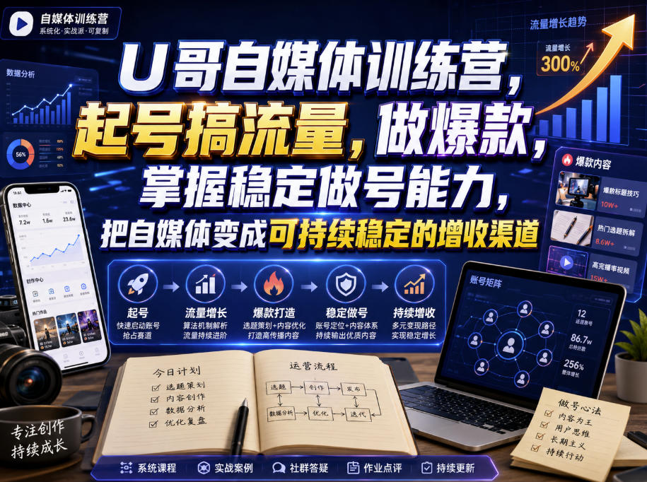U哥自媒体训练营,起号搞流量,做爆款,掌握稳定做号能力,把自媒体变成可持续稳定的增收渠道-独家科技资源网