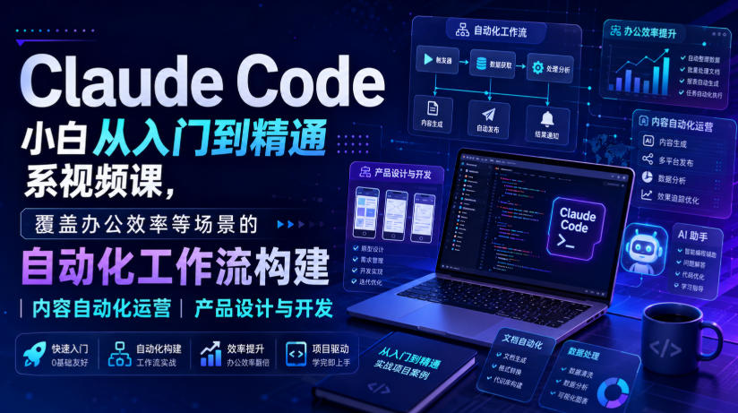 Claude Code小白从入门到精通系视频课，覆盖办公效率等场景的自动化工作流构建|内容自动化运营|产品设计与开发-独家科技资源网