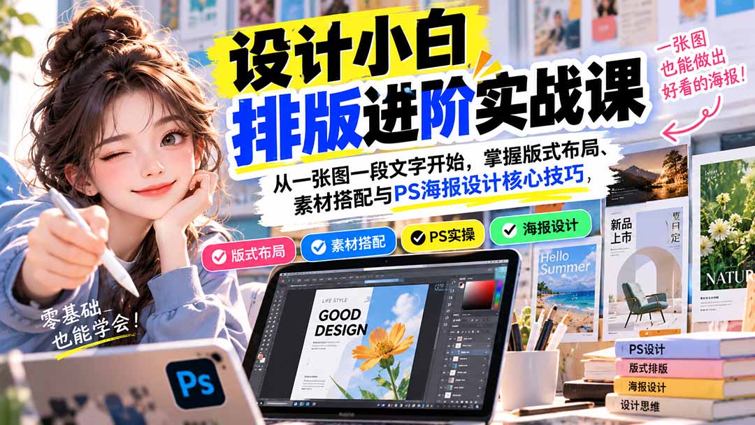 设计小白排版进阶实战课：从一张图一段文字开始，掌握版式布局、素材搭配与PS海报设计核心技巧-独家科技资源网