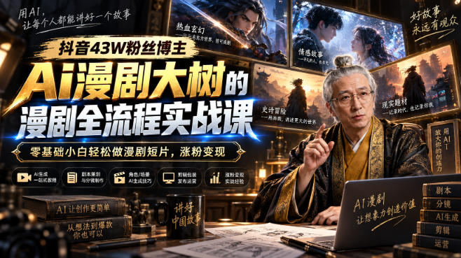 抖音43W粉丝博主Ai漫剧大树的漫剧制作全流程实战课，零基础小白轻松做漫剧短片，涨粉变现(更新1027)-独家科技资源网