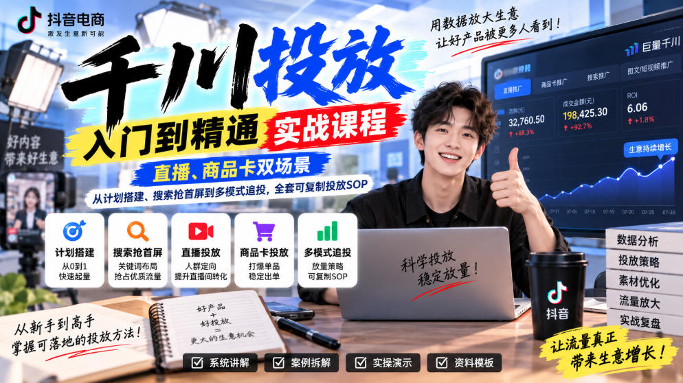 千川投放入门到精通实战课程,直播、商品卡双场景,从计划搭建、搜索抢首屏到多模式追投,全套可复制投放SOP-独家科技资源网