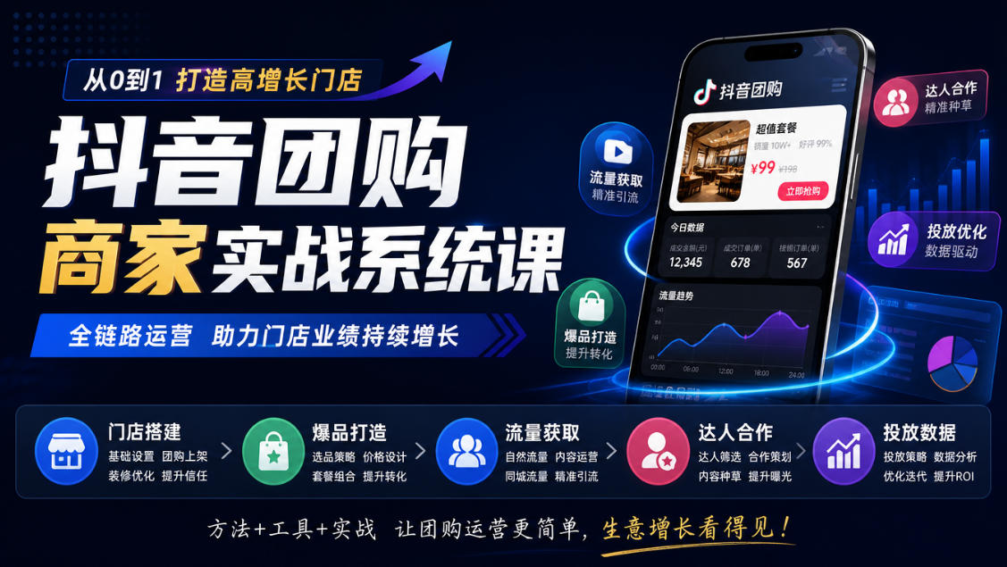 抖音团购商家实战系统课|门店搭建、爆品打造、流量获取、达人合作、投放数据全链路运营-独家科技资源网