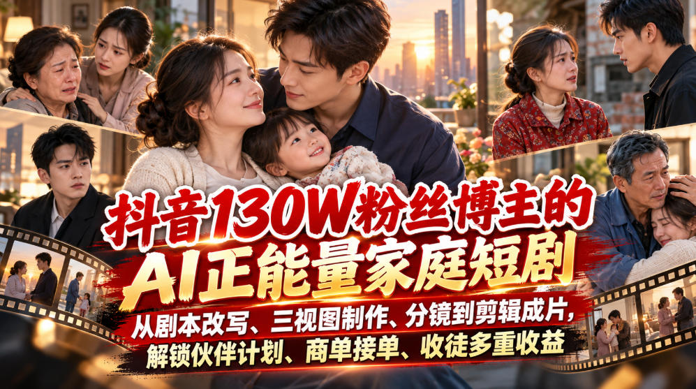 抖音130W粉丝博主的AI正能量家庭短剧,从剧本改写、三视图制作、分镜到剪辑成片,解锁伙伴计划、商单接单、收徒多重收益(更新1007)-独家科技资源网