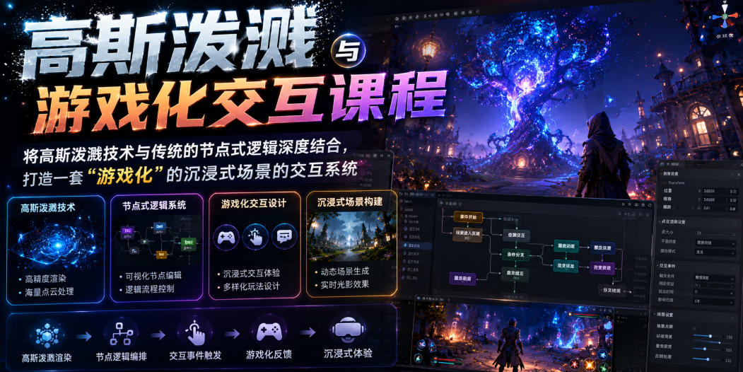 高斯泼溅与游戏化交互课程，将高斯泼溅技术与传统的节点式逻辑深度结合，打造一套“游戏化”的沉浸式场景的交互系统-独家科技资源网