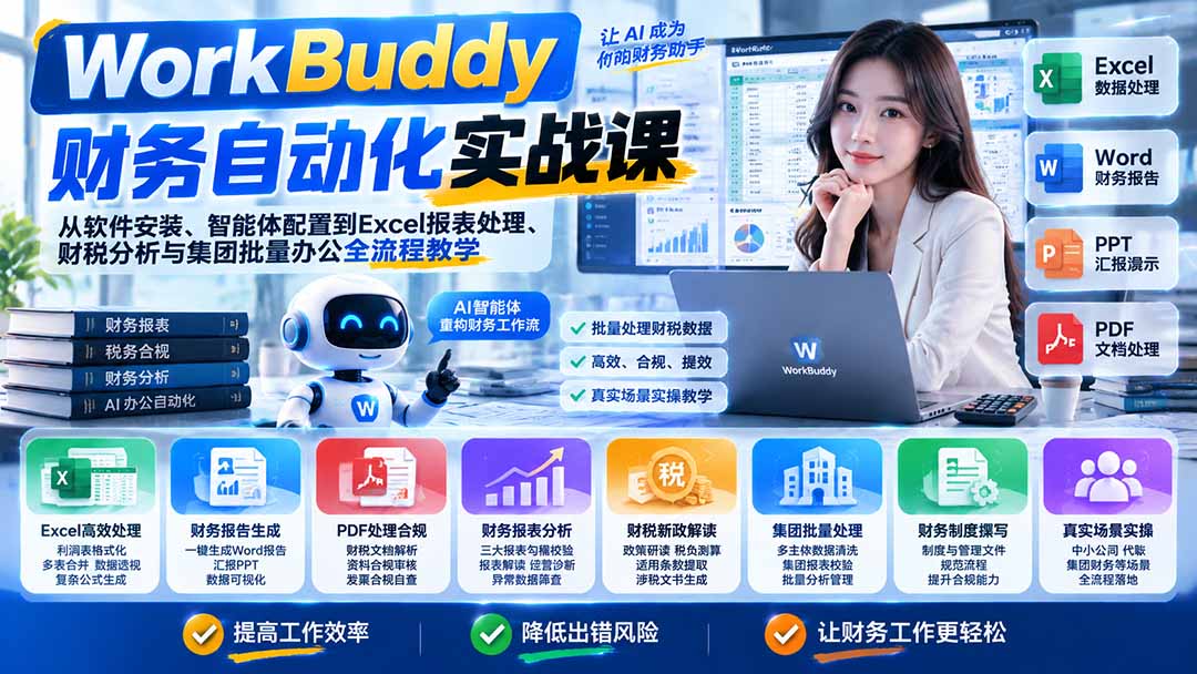 WorkBuddy财务自动化实战课：从软件安装、智能体配置到Excel报表处理、财税分析与集团批量办公全流程教学-独家科技资源网