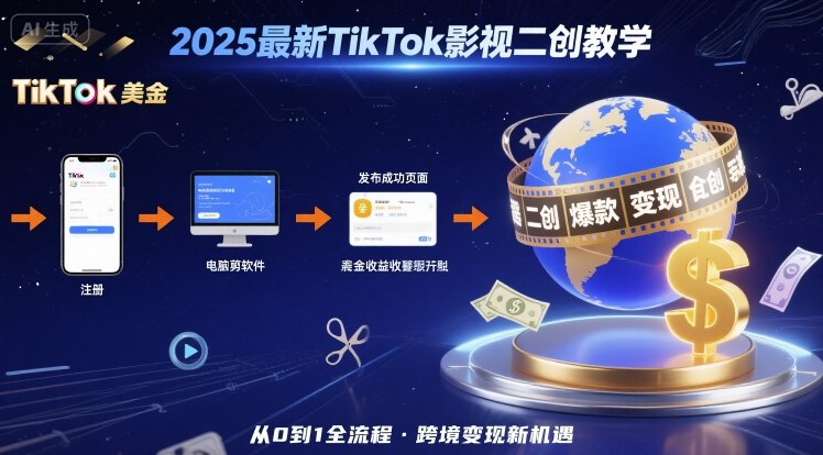 2025年最新TikTok影视二创教学，从注册到发布撸美金全流程，跨境变现新机遇-独家科技资源网