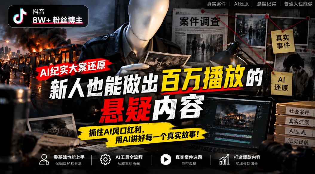 抖音8W粉丝博主的AI纪实大案还原教学，新人也能做出百W播放的悬疑内容，抓住AI风口红利，用AI讲好每一个真实故事-独家科技资源网