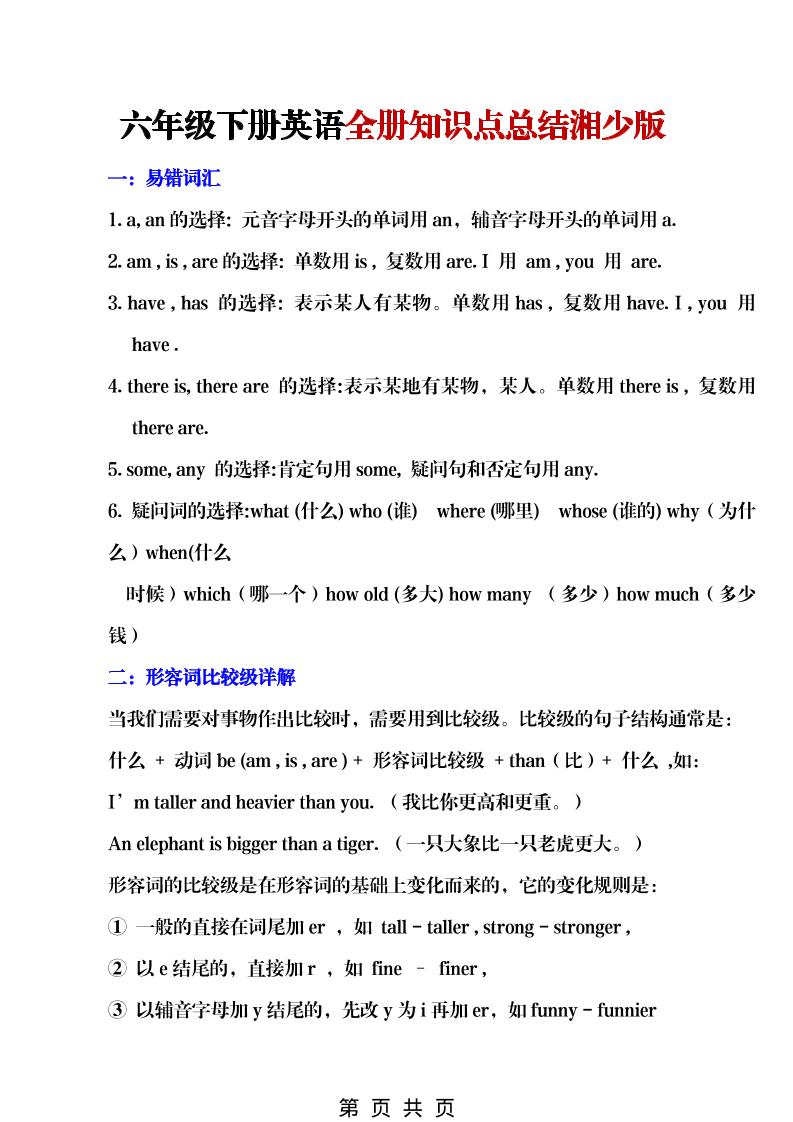 六年级下英语全册知识点总结《湘少版》-独家科技资源网