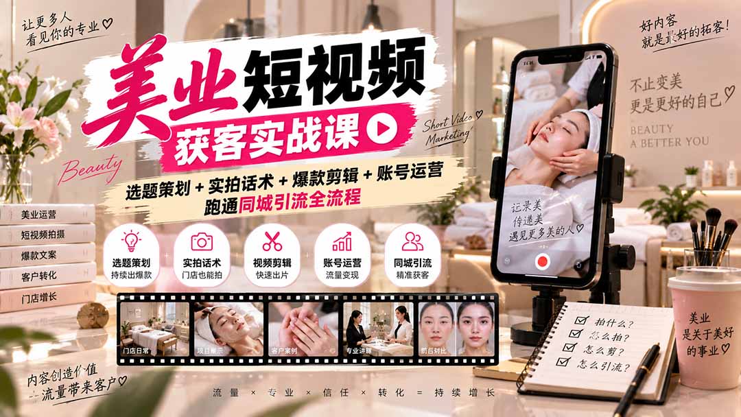 美业短视频获客实战课-无水印：选题策划+实拍话术+爆款剪辑+账号运营，跑通同城引流全流程-独家科技资源网