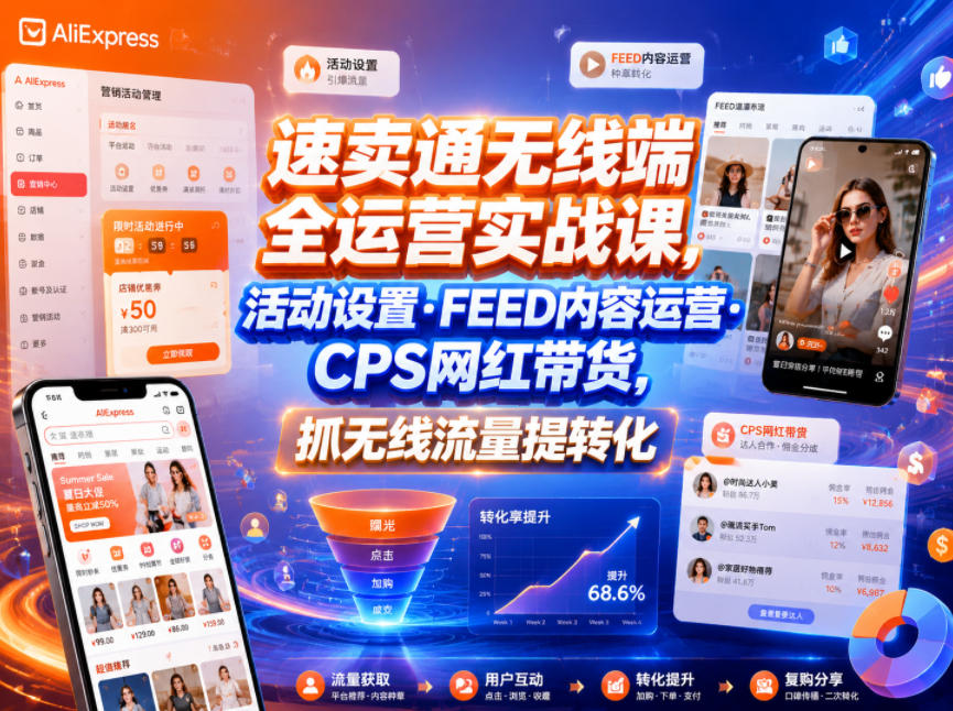 速卖通无线端全运营实战课，活动设置・FEED内容运营・CPS网红带货，抓无线流量提转化-独家科技资源网