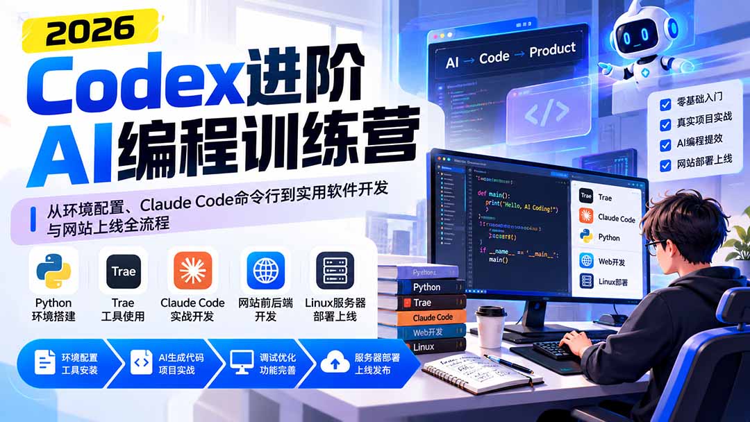 Codex进阶AI编程训练营：从环境配置、Claude Code命令行到实用软件开发与网站上线全流程-独家科技资源网