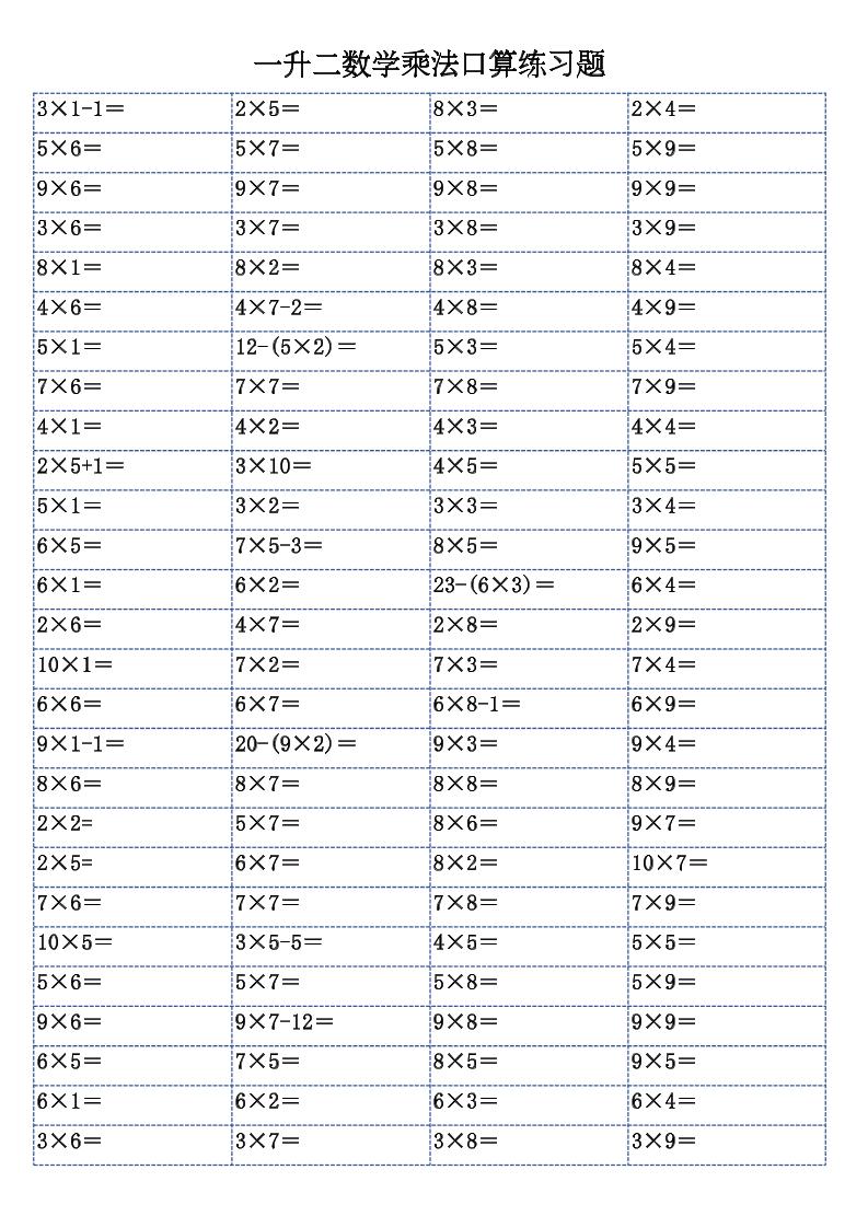 一升二数学乘法口算练习题-二上-独家科技资源网