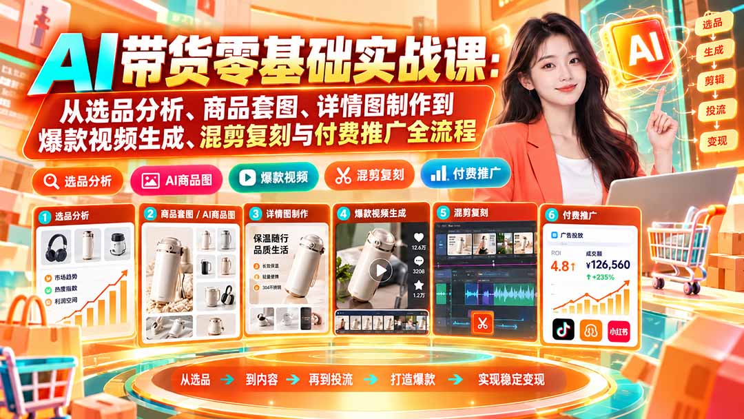 AI带货零基础实战课：从选品分析、商品套图、详情图制作到爆款视频生成、混剪复刻与付费推广全流程-独家科技资源网
