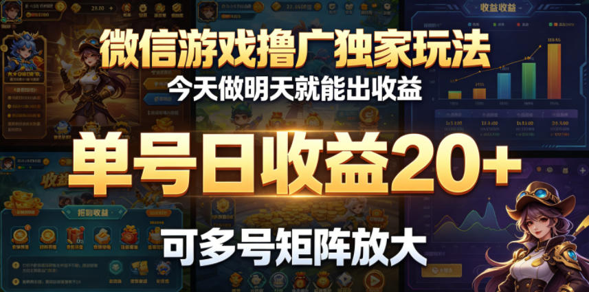 微信游戏撸广独家玩法,今天做明天就能出收益,单号日收益20+,可多号矩阵放大-独家科技资源网