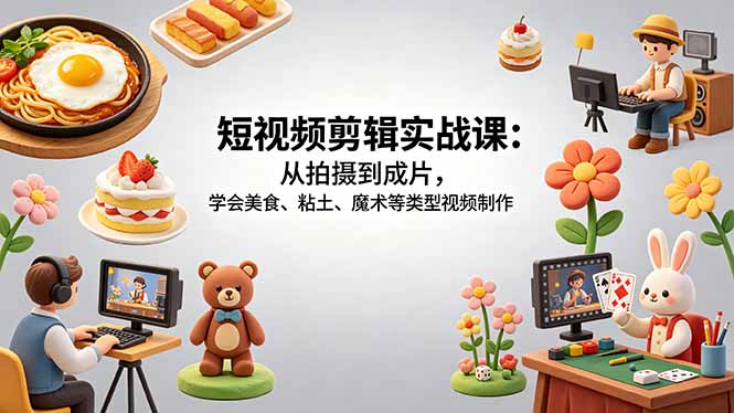 短视频剪辑实战课：从拍摄到成片，学会美食、粘土、魔术等类型视频制作-独家科技资源网