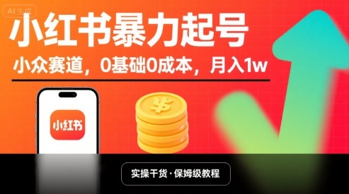 小红书暴力起号，小众赛道，0基础0成本，月入1w-独家科技资源网