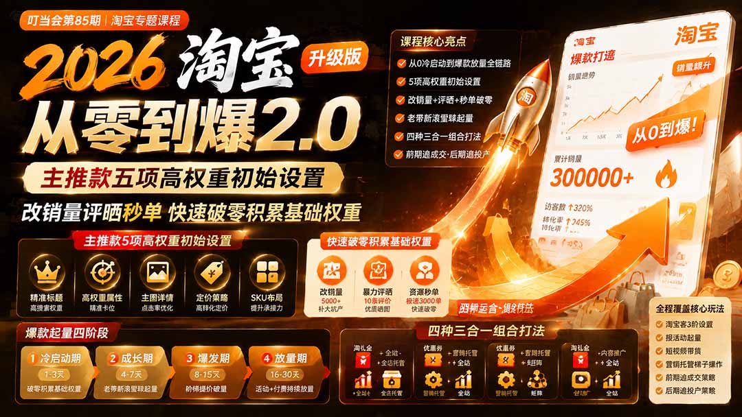 2026淘宝从零到爆2.0第85期；主推款五项高权重初始设置，改销量评晒秒单快速破零积累基础权重-独家科技资源网