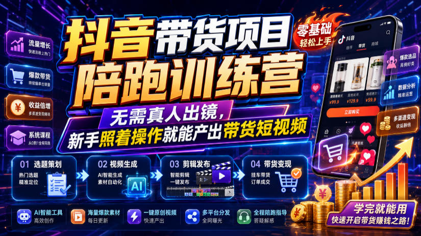 抖音带货项目陪跑训练营，无需真人出镜，新手照着操作就能产出带货短视频(更新0811)-独家科技资源网