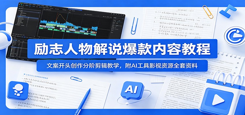 励志人物解说爆款内容教程：文案开头创作分阶剪辑教学，附AI 工具影视资源全套资料-独家科技资源网