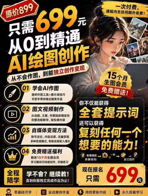 抖音10W粉丝博主的AI绘图教学，从0到精通AI绘图创作，从不会作图到能独立创作变现-独家科技资源网