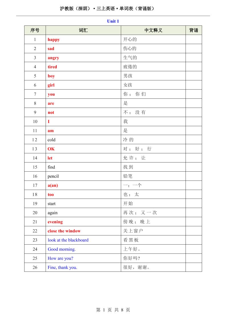 沪教版（深圳）·三上英语·单词表（背诵版）-独家科技资源网