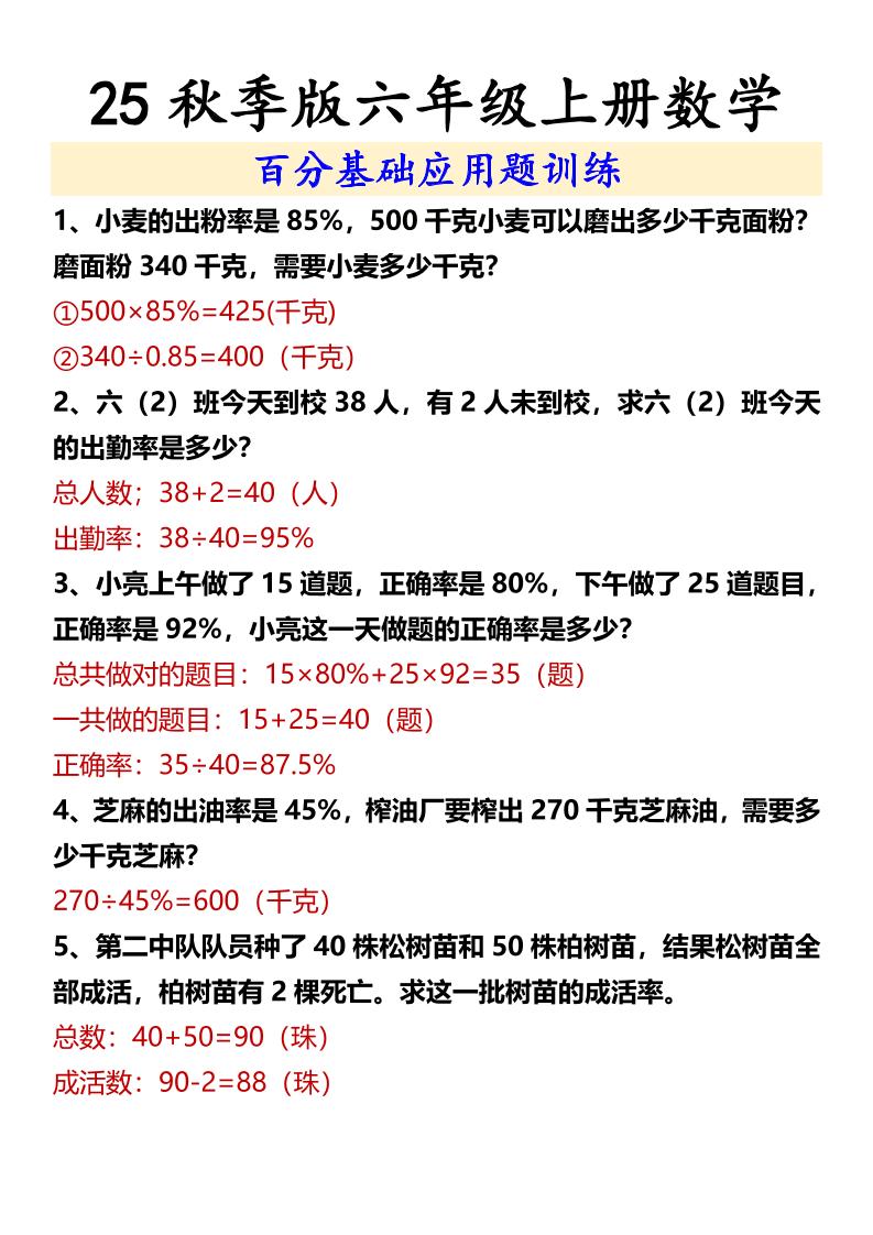 【2025秋新版】六年级上册数学百分基础应用题训练-独家科技资源网