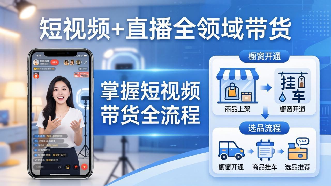 短视频+直播全领域带货：掌握橱窗开通、挂车、选品、爆款文案改编等短视频带货全流程-独家科技资源网