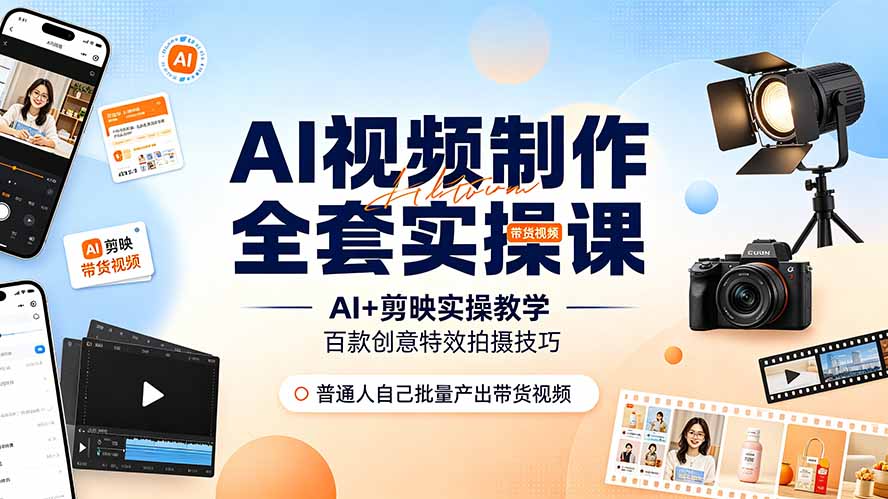 AI视频制作全套实操课,多款AI工具搭配剪映教学,百种特效运镜拍摄实操,抖音账号带货运营全覆盖-独家科技资源网