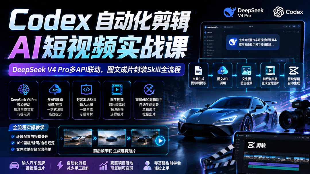 Codex自动化剪辑AI短视频实战课|DeepSeek V4 Pro多API联动,图文成片封装Skill全流程-独家科技资源网