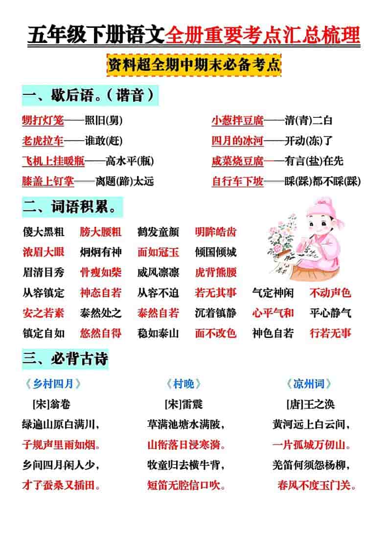 五年级下语文全册知识点汇总-独家科技资源网