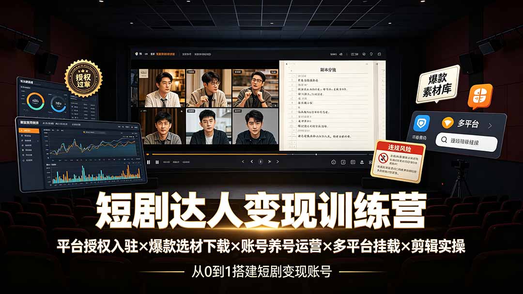 短剧达人变现训练营：平台授权入驻×爆款选材下载×账号养号运营×多平台挂载×剪辑实操×违规处理全流程-独家科技资源网