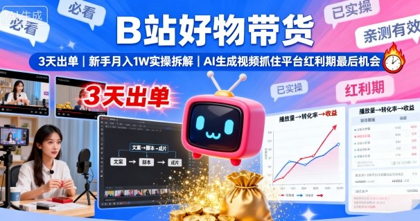 B站好物带货，3天出单，新手月入1W实操拆解，AI生成视频，抓住平台红利期最后机会-独家科技资源网