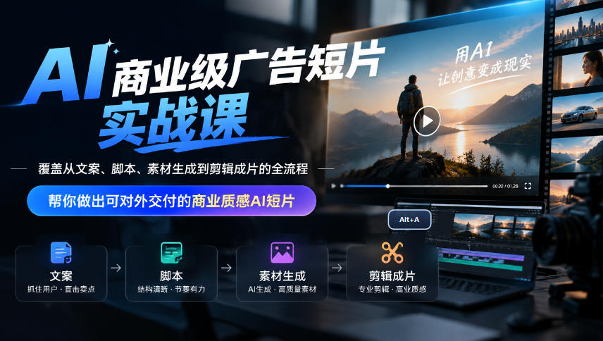 AI商业级广告短片实战课,覆盖从文案、脚本、素材生成到剪辑成片的全流程,帮你做出可对外交付的商业质感AI短片-独家科技资源网