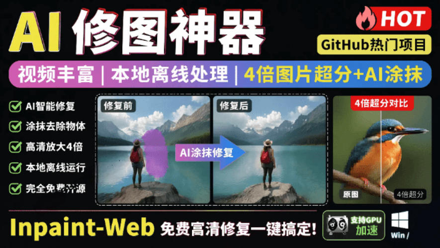 本地离线处理，4倍图片超分+AI涂抹去水印！Github上热门神器，免费高清修复图一键搞定！Inpaint-Web-独家科技资源网