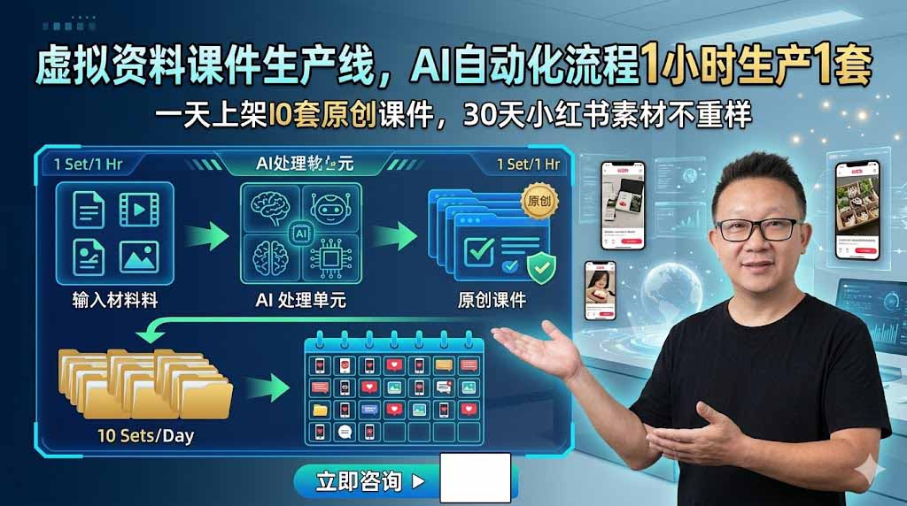 虚拟资料课件生产线，AI自动化流程1小时生产1套，一天上架10套原创课件，30天小红书素材不重样-独家科技资源网