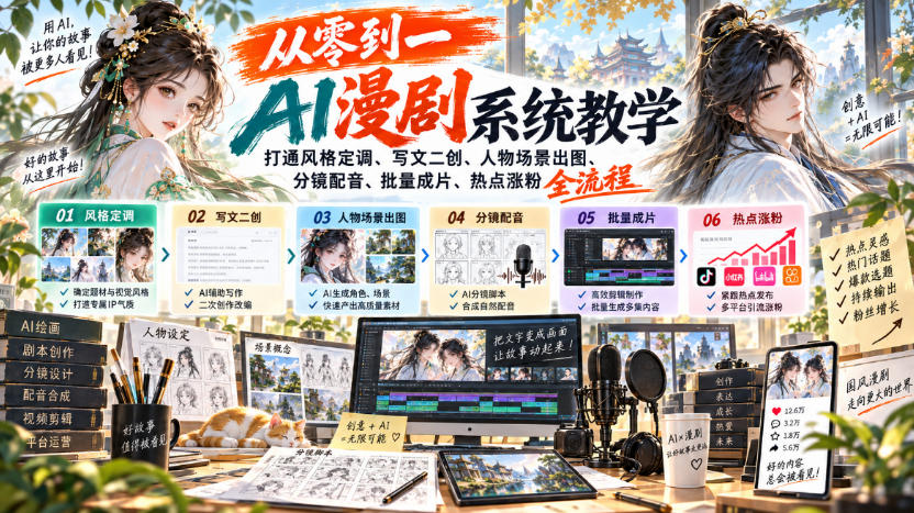 从零到一AI漫剧系统教学,打通风格定调、写文二创、人物场景出图、分镜配音、批量成片、热点涨粉全流程-独家科技资源网