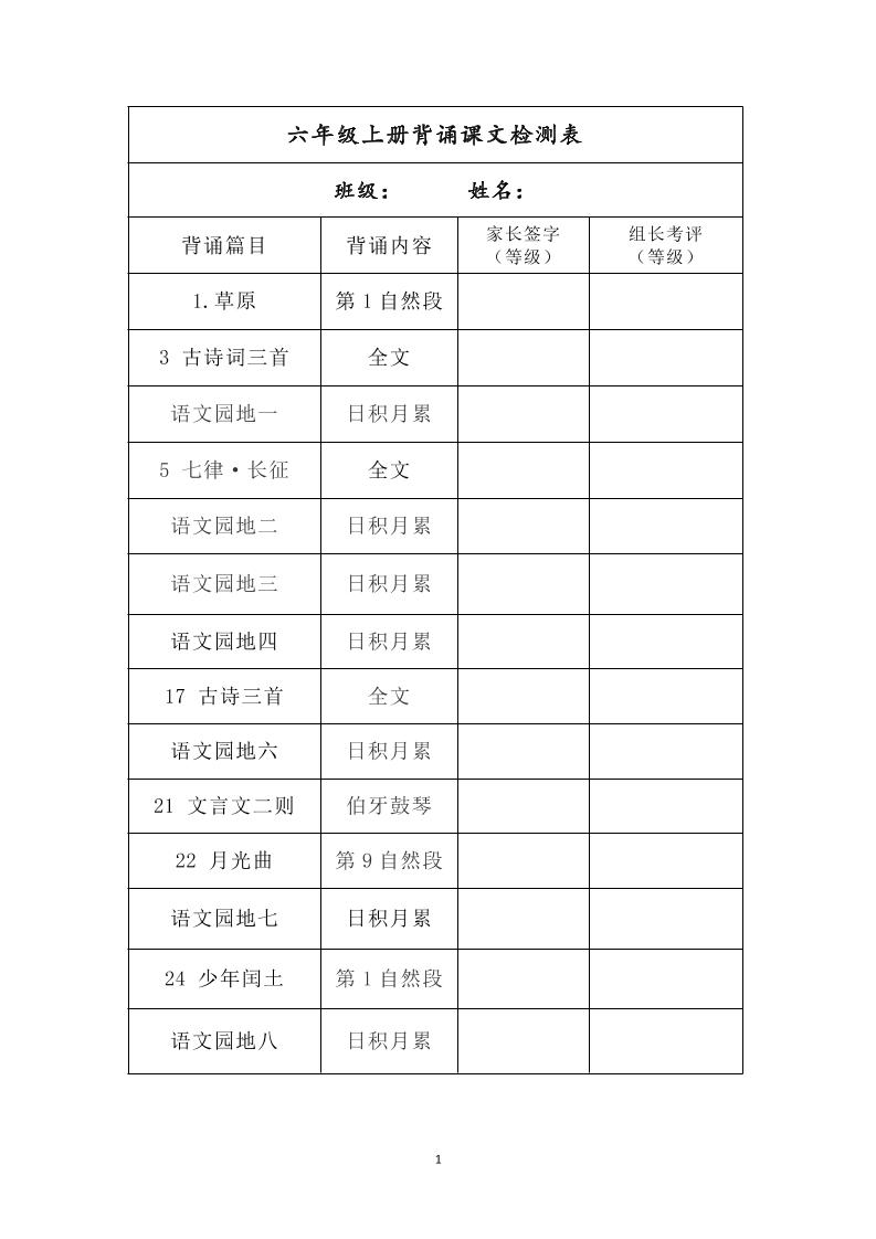 六年级上册背诵课文检测表及内容-语文-独家科技资源网