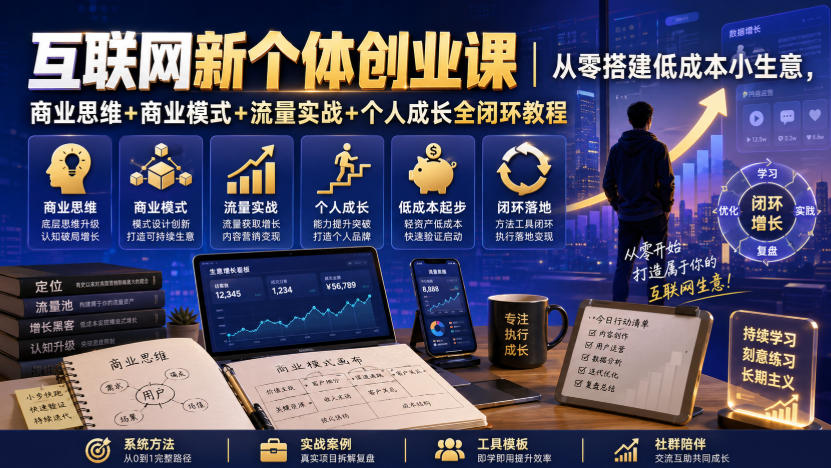 互联网新个体创业课｜从零搭建低成本小生意，商业思维+商业模式+流量实战+个人成长全闭环教程-独家科技资源网