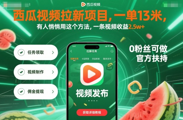 西瓜视频拉新项目，一单13米，有人悄悄用这个方法，一条视频收益2.5w+(附详细教程)-独家科技资源网