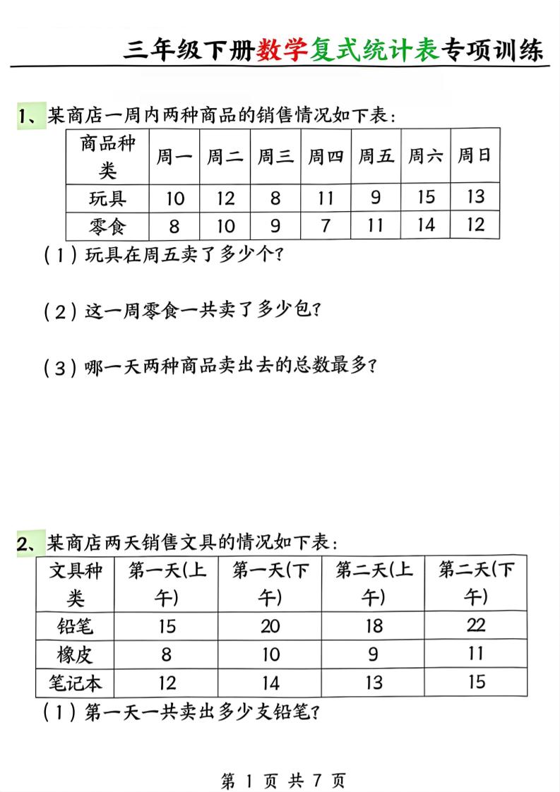 三年级下册数学复式统计表专项训练-独家科技资源网