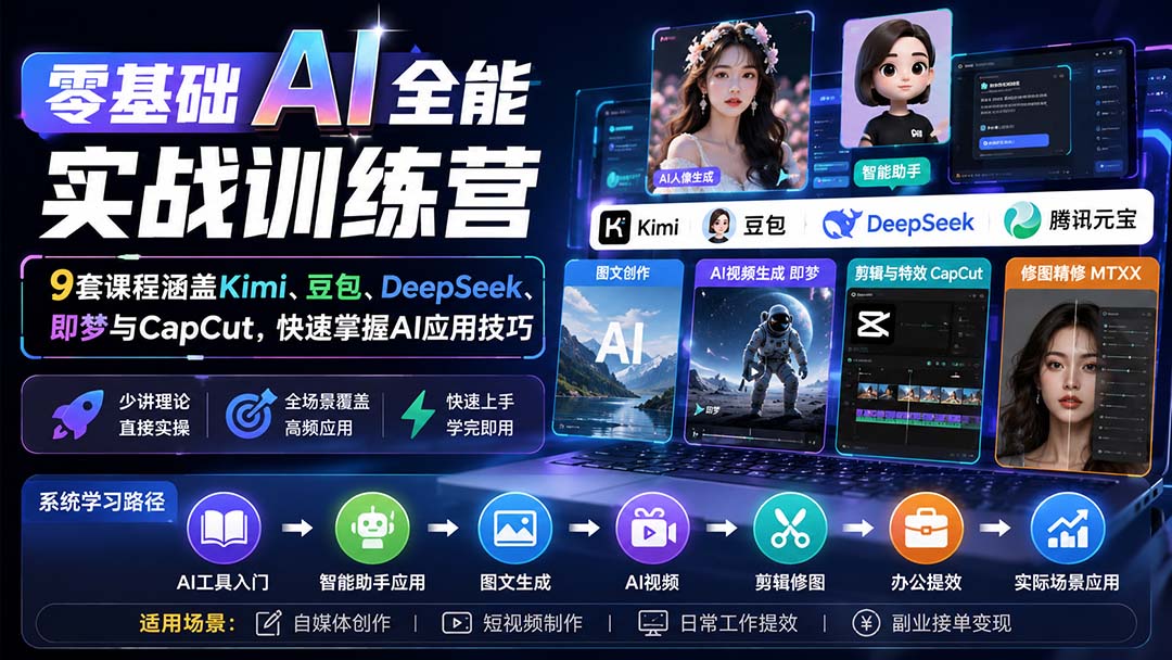 零基础AI全能实战训练营：9套课程涵盖Kimi、豆包、DeepSeek、即梦与CapCut，快速掌握AI应用技巧-独家科技资源网